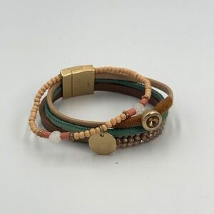 Layered Wrap Bracelet Beaded Leather Gold Tone‎ Boho Stack